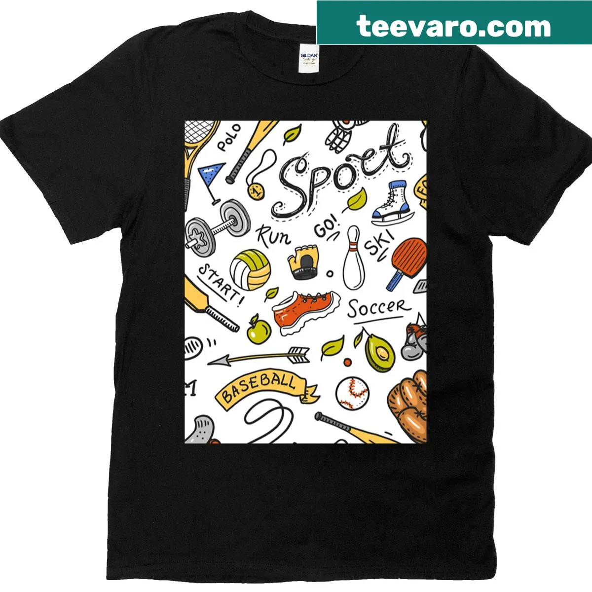 T-shirt featuring various sports equipment in a playful graphic — on a men's t-shirt