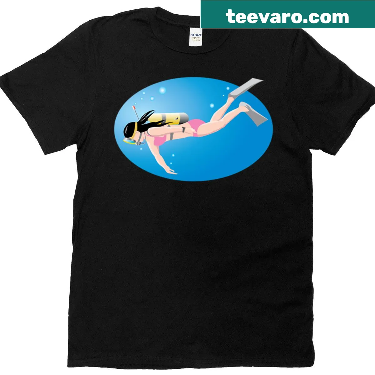 Cartoon art graphic t-shirt featuring surfing characters — on a men's t-shirt
