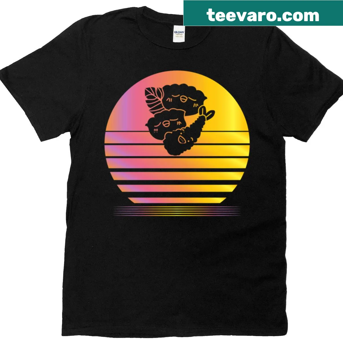 Graphic tee featuring a synthwave design inspired by Sushi Go — on a men's t-shirt