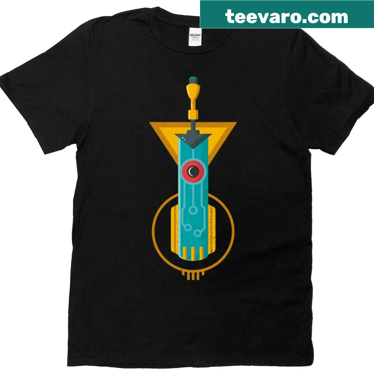 T-shirt featuring a dynamic sword graphic — on a men's t-shirt