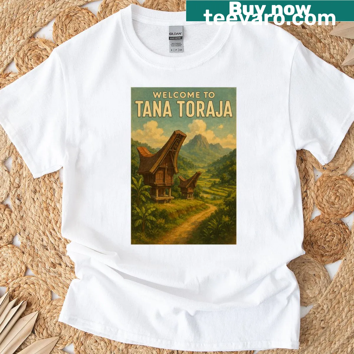 Illustrative T-shirt depicting Tana Toraja rice valley and Tongkonan houses — on a men's t-shirt