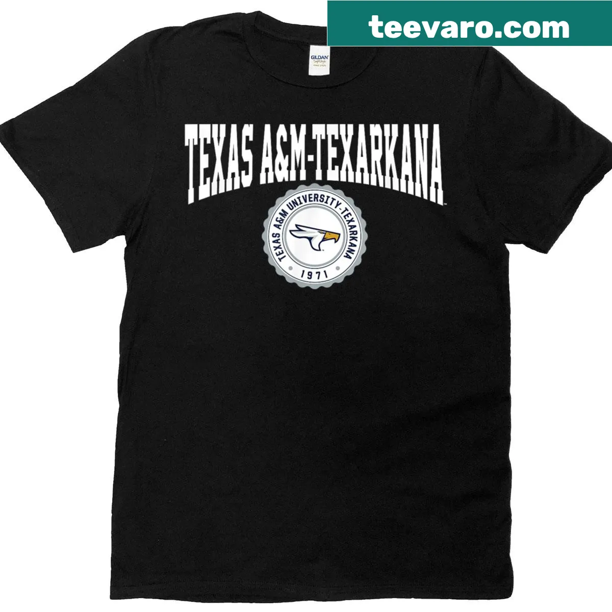 Collegiate seal graphic on Texas Tamut Eagles T-shirt — on a men's t-shirt