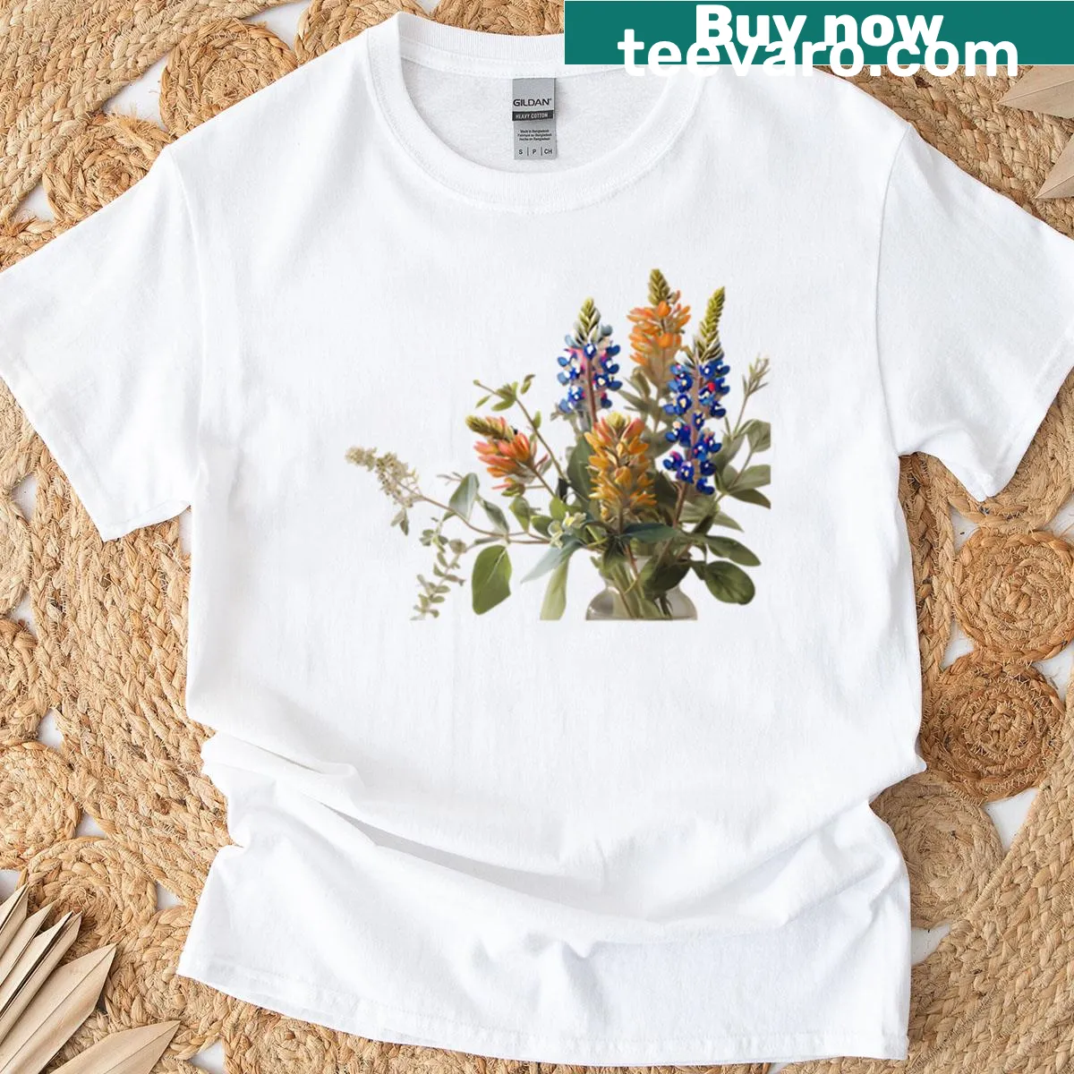 Illustrative t-shirt with a Texas floral bouquet design — on a men's t-shirt