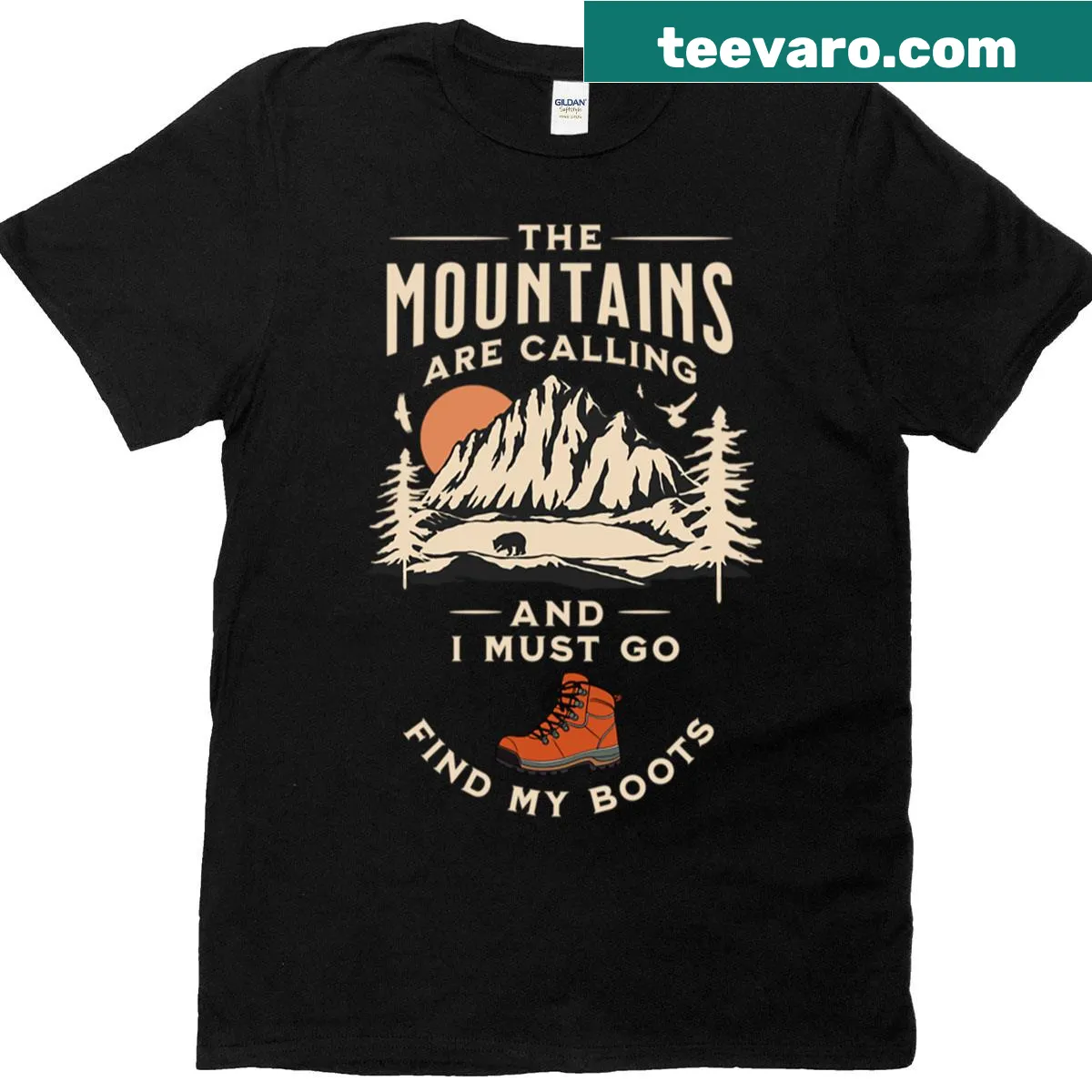 Outdoor-themed t-shirt with the phrase 'The Mountains Are Calling And I Must Go Find My Boots' — on a men's t-shirt