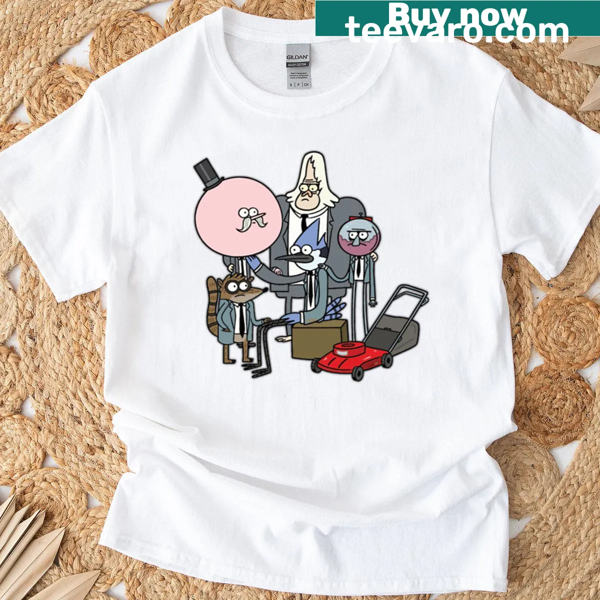 Oversized t-shirt featuring characters from The Regular Show — on a men's t-shirt