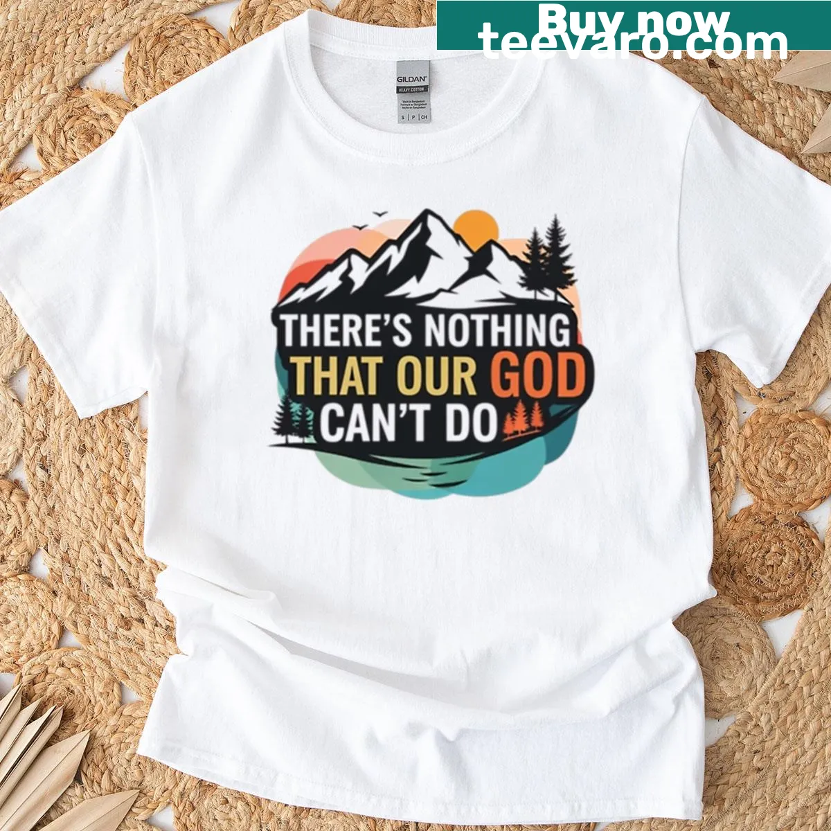 Mountain sunset art with an inspirational faith message on a t-shirt. — on a men's t-shirt