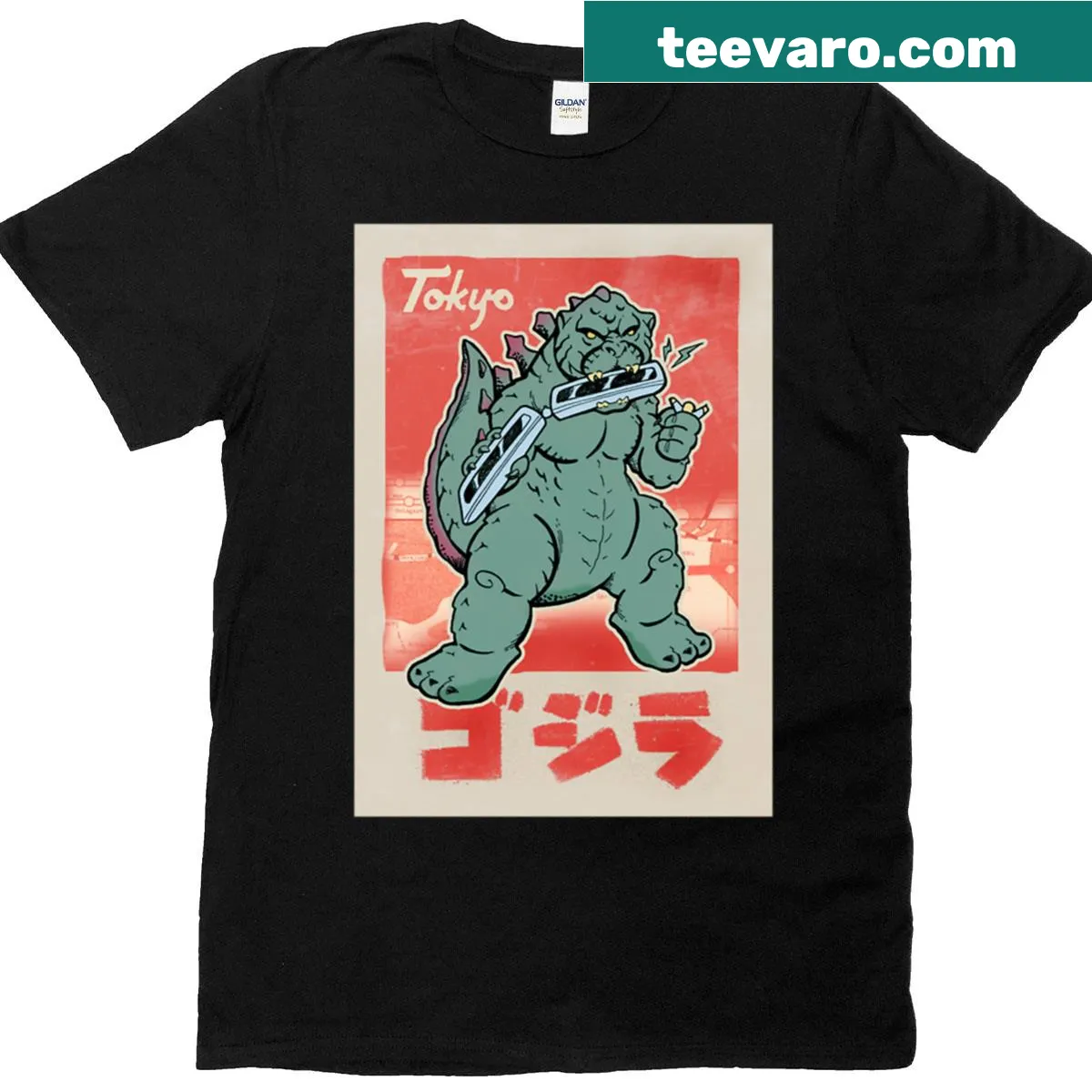 Illustrative Tokyo Kaiju Train t-shirt featuring playful kaiju characters — on a men's t-shirt