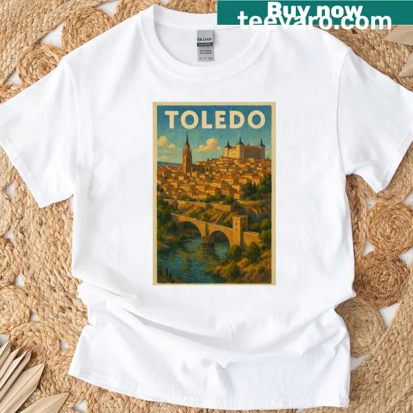 Illustrated scene of Toledo Spain's Tagus River Bridge on T-shirt