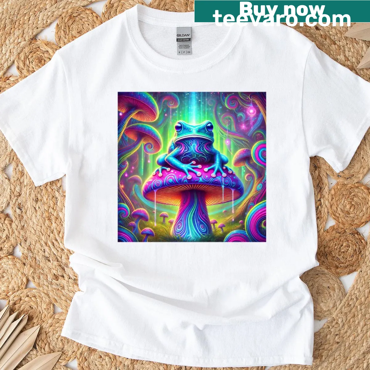 Illustrated T-shirt featuring a trippy forest frog in a whimsical setting — on a men's t-shirt