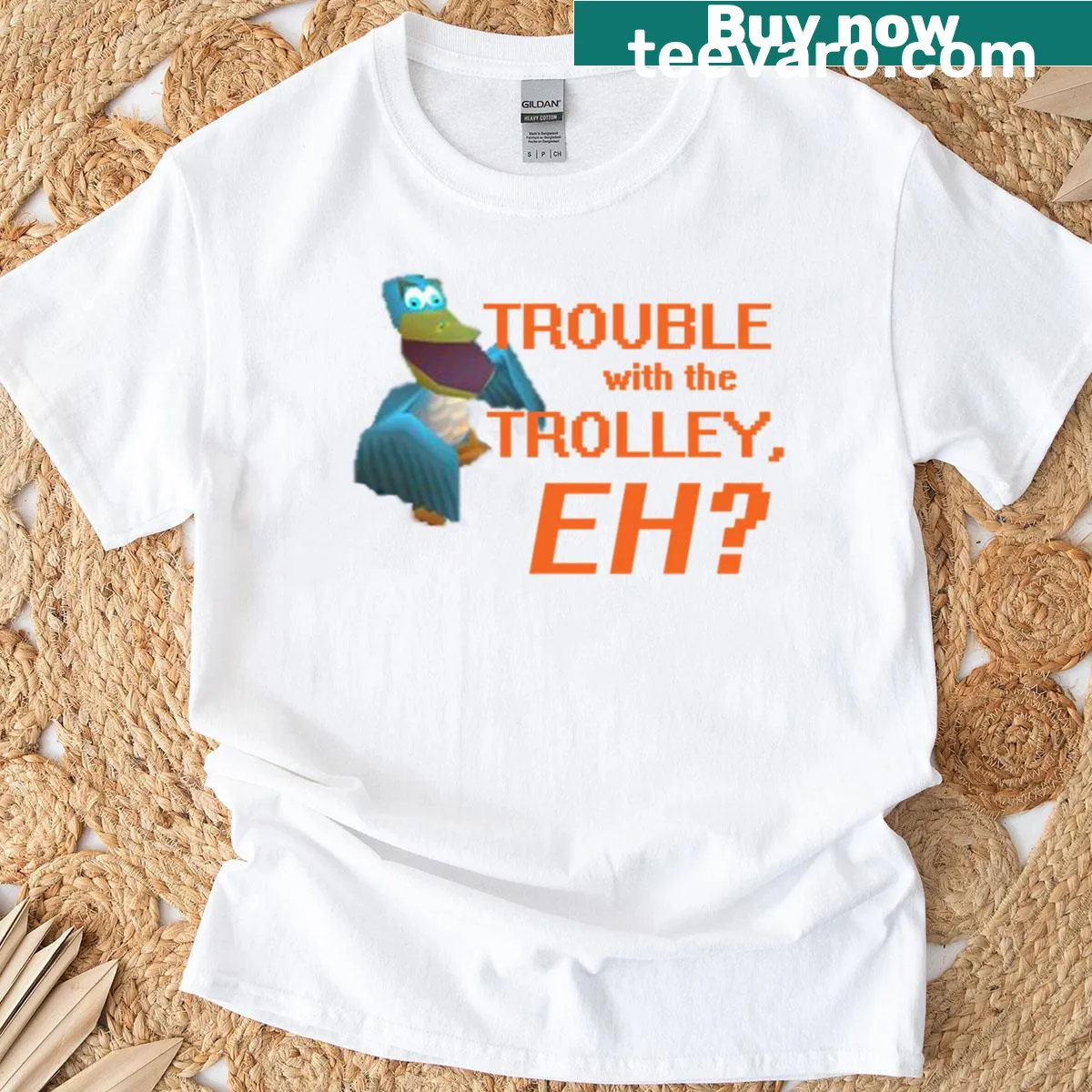Humorous graphic T-shirt with playful typography about trolley troubles — on a men's t-shirt