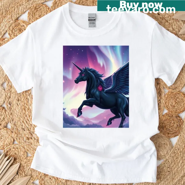 Whimsical graphic of twilight adventure among clouds on T-shirt