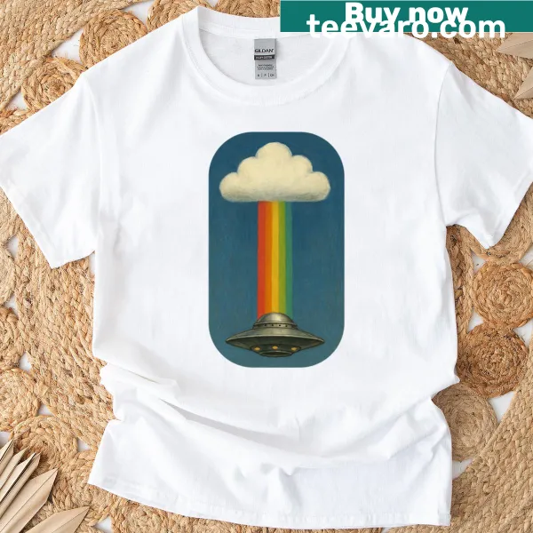 Illustration of a UFO under a rainbow on T-shirt