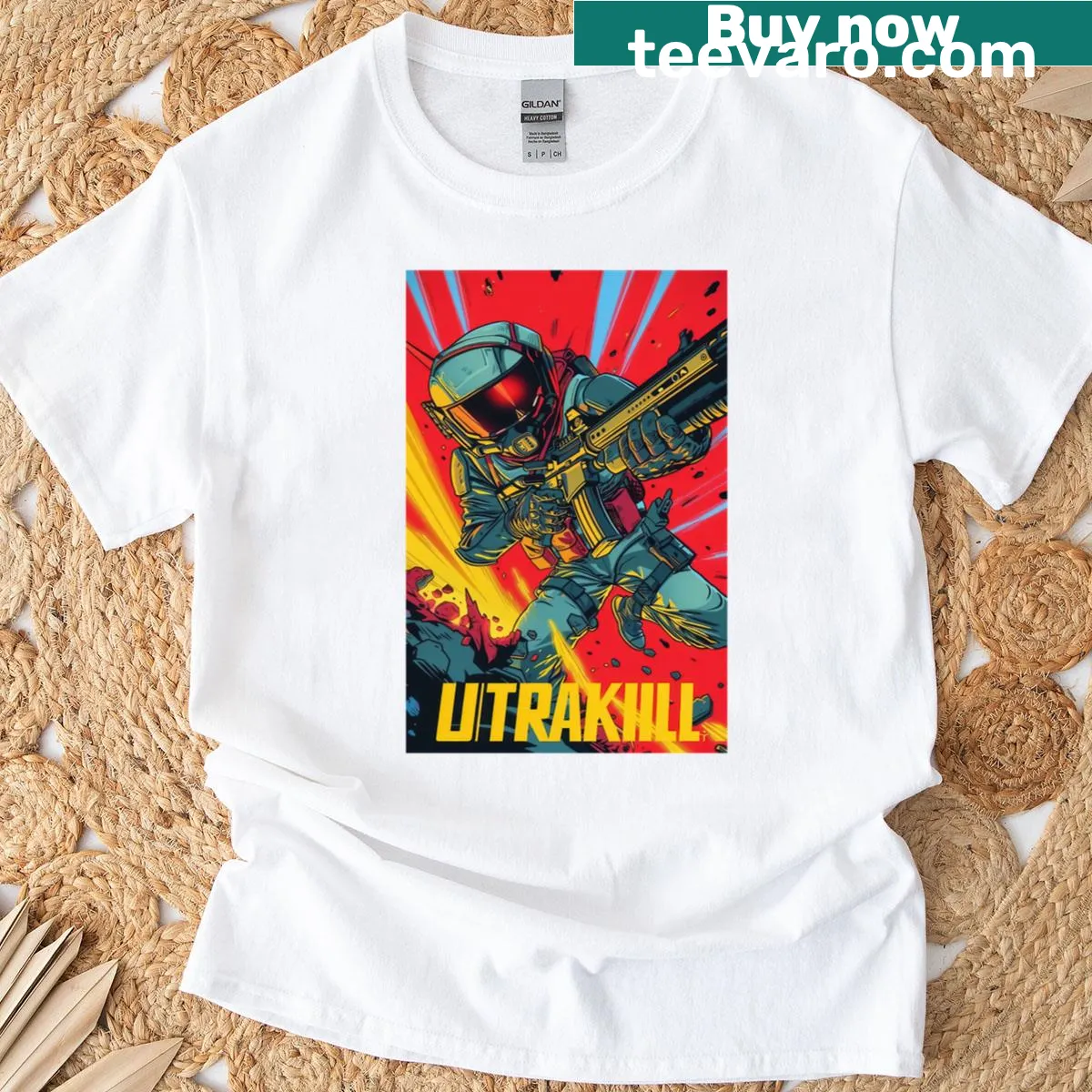 T-shirt featuring dynamic Ultrakill game art — on a men's t-shirt