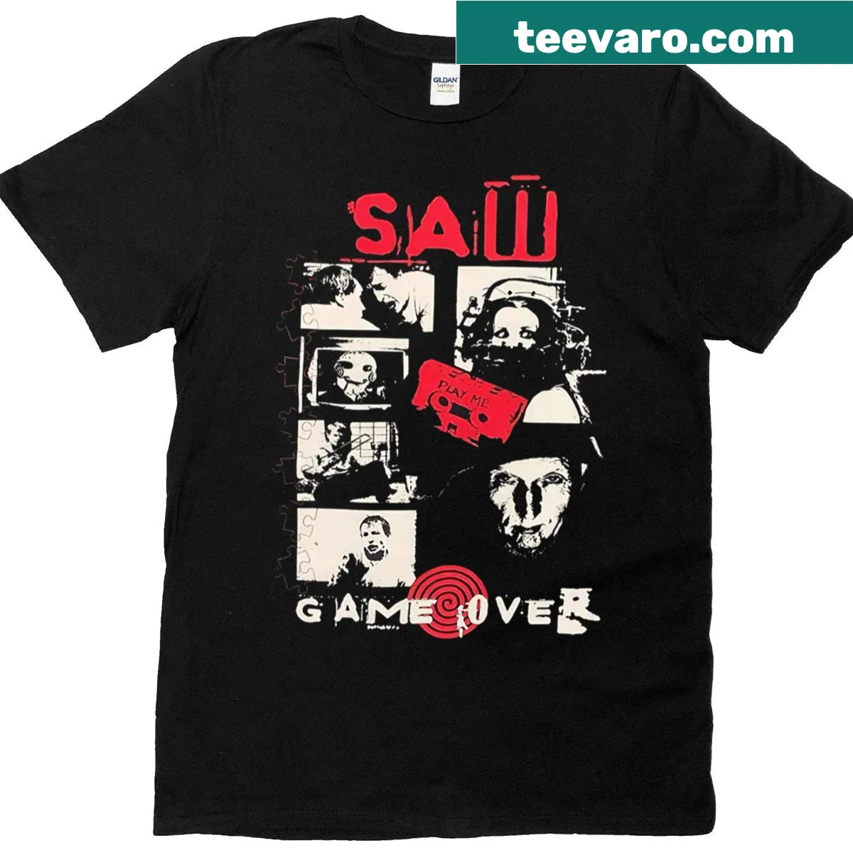 Cartoon graphic T-shirt featuring Saw Jigsaw Game Over design — on a men's t-shirt