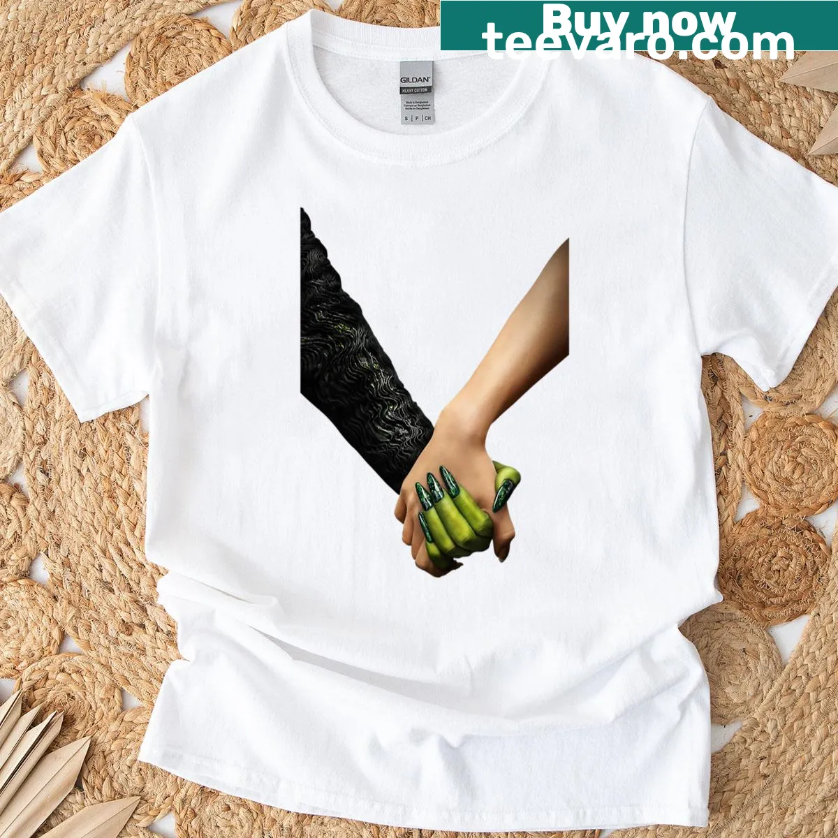 Illustrated T-shirt featuring whimsical movie elements and funny graphics — on a men's t-shirt
