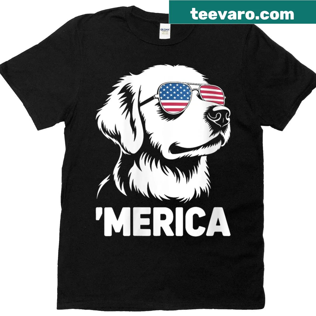Illustration of a Golden Retriever with patriotic elements for Fourth of July. — on a men's t-shirt