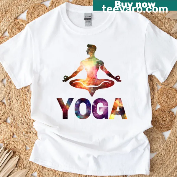 T-shirt designed for yoga, featuring cosmic energy and meditation themes
