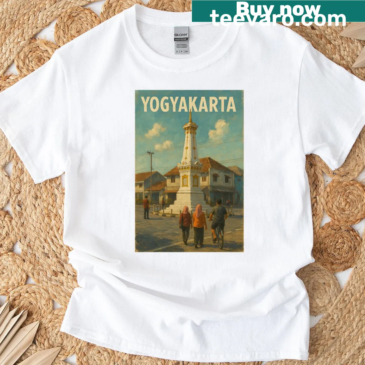 T-shirt featuring Yogyakarta Tugu Monument and local figures — on a men's t-shirt