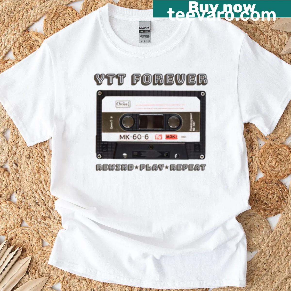 Oversized tee with 'Ytt Forever Rewind Play Repeat' in fun typography — on a men's t-shirt