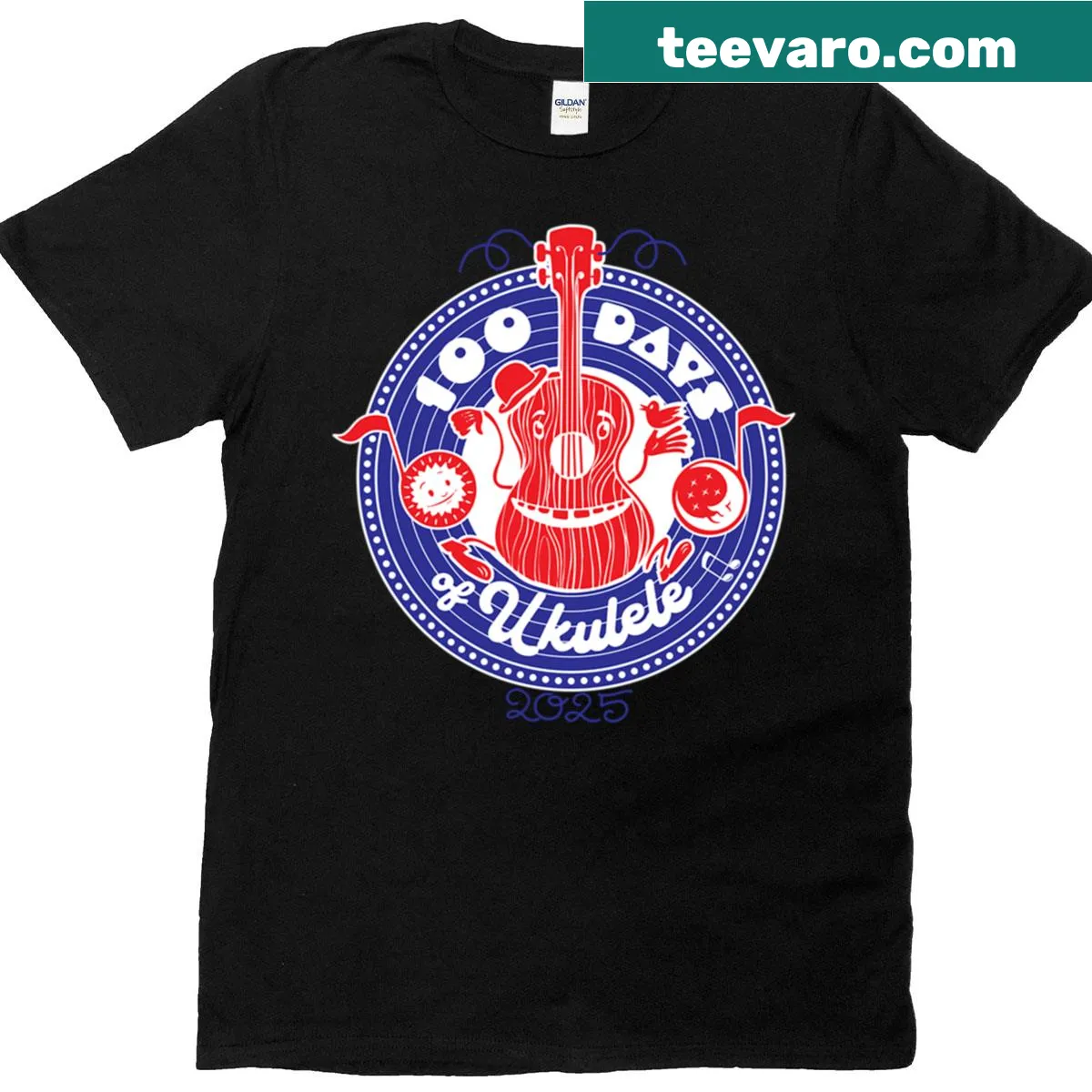 T-shirt dedicated to 2025 Long Play ukulele album with musical graphics — on a men's t-shirt