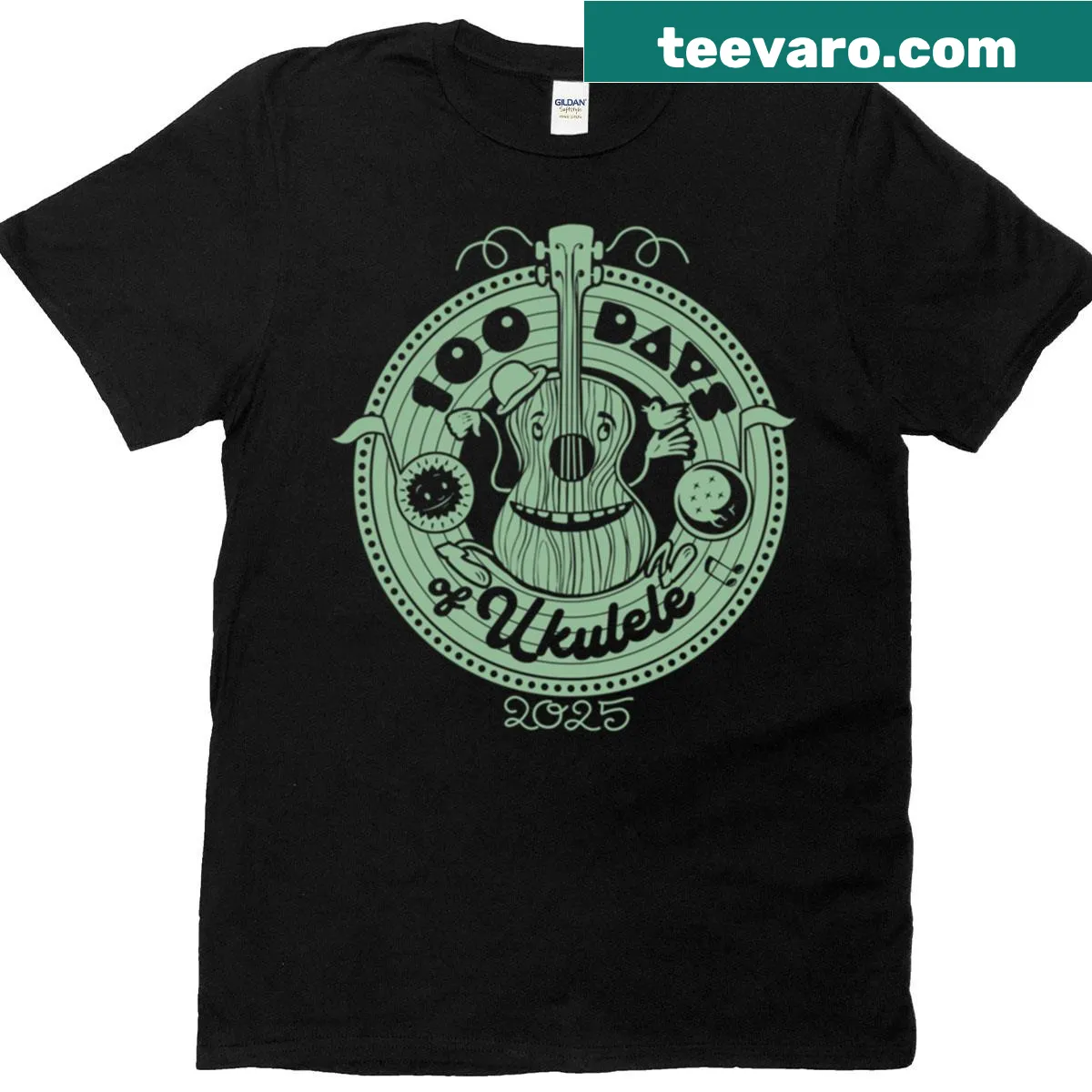Musician tee featuring '2025 Long Play 2' and '100 Days Of Ukulele' text — on a men's t-shirt