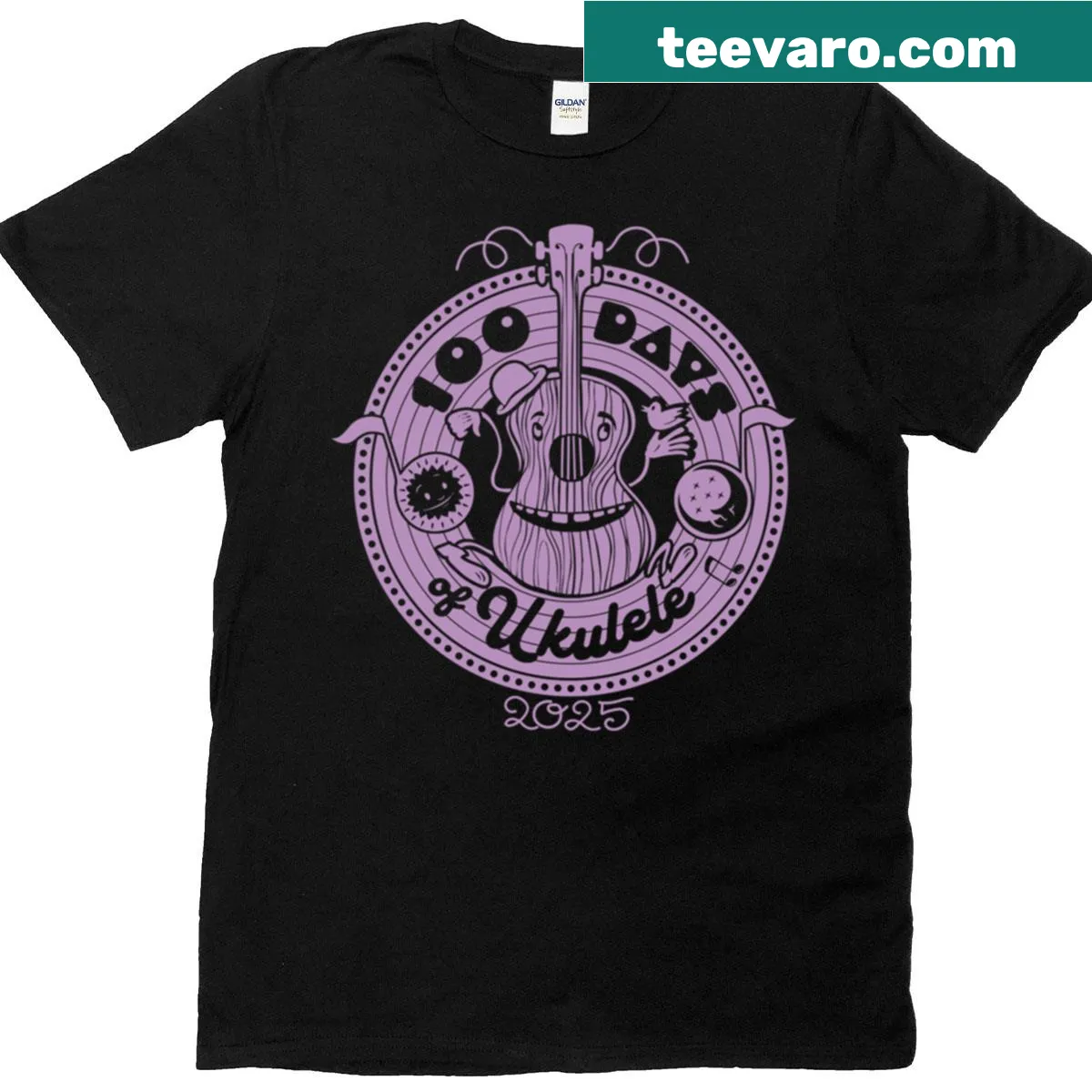 Musician tee featuring '2025 Long Play 3' and '100 Days Of Ukulele' text — on a men's t-shirt