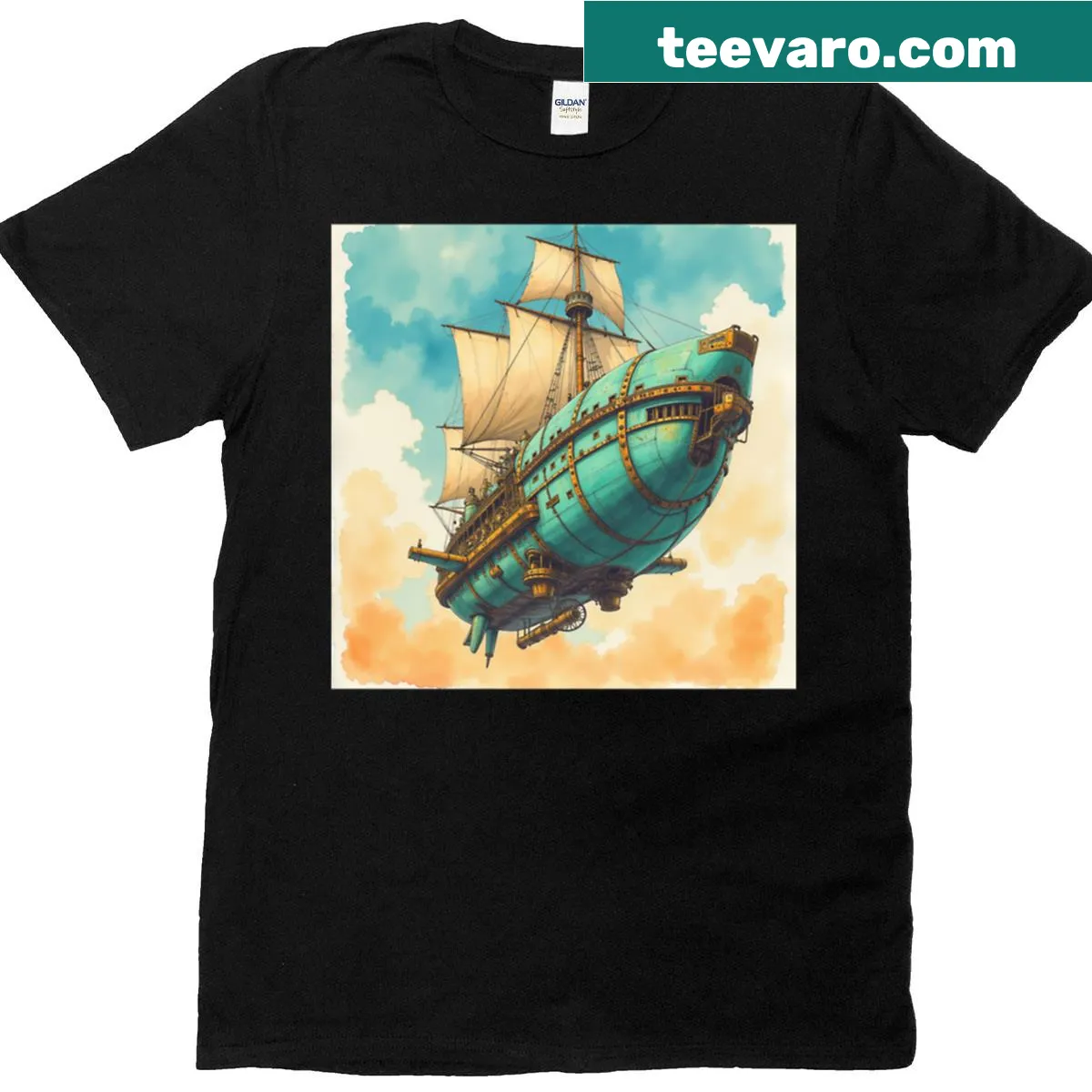 T-shirt featuring illustration of a large steampunk airship — on a men's t-shirt