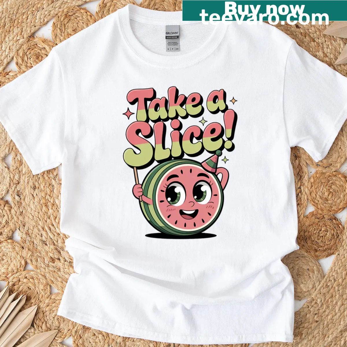 Playful T-shirt featuring illustrations related to sharing food — on a men's t-shirt