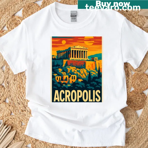 Retro T-shirt featuring the Acropolis illustration as a travel poster