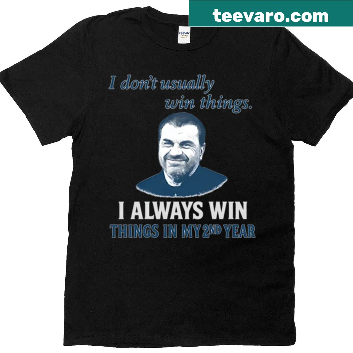 Text design shirt celebrating Ange's achievements in his second year — on a men's t-shirt