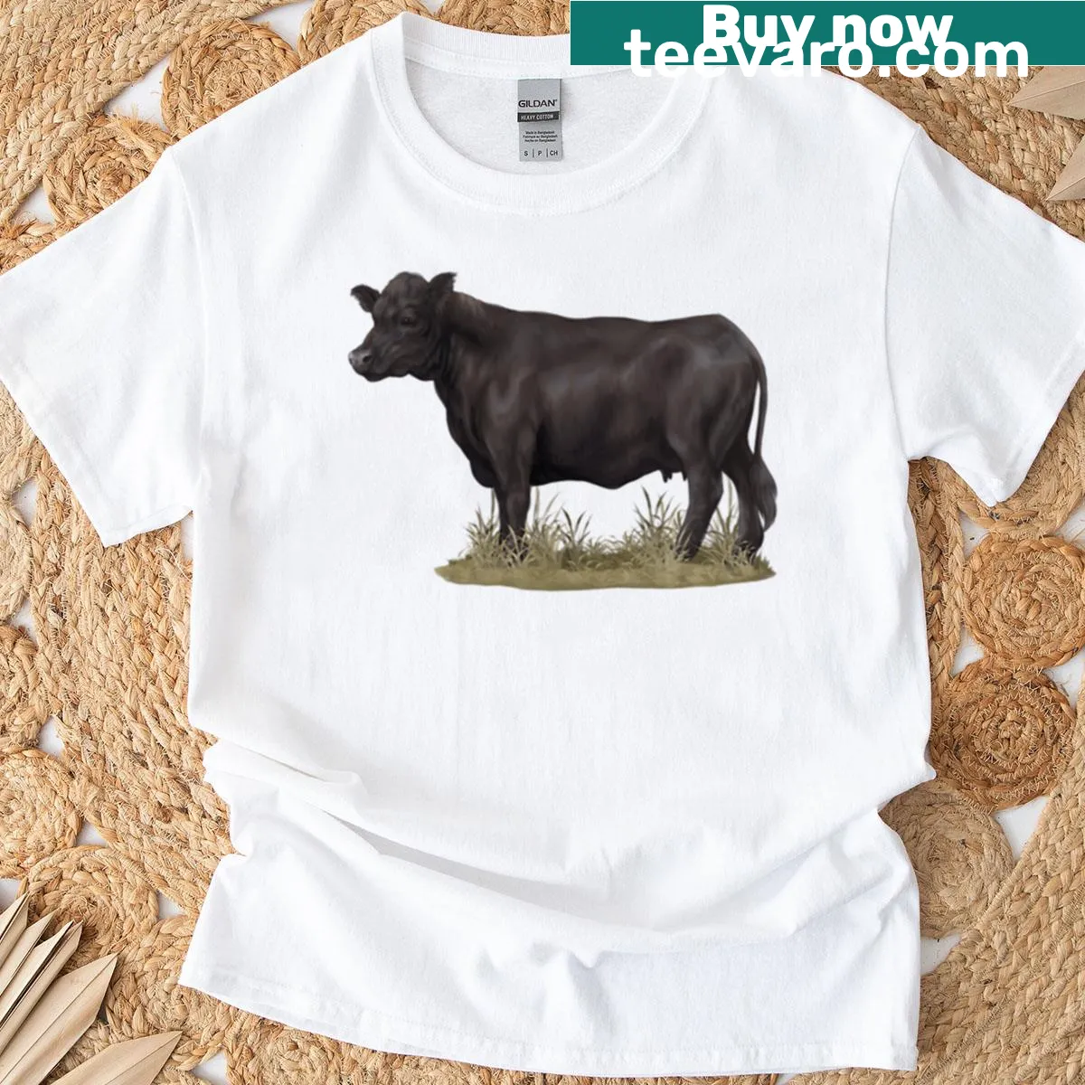 Illustrative T-shirt featuring an Angus beef cow — on a men's t-shirt