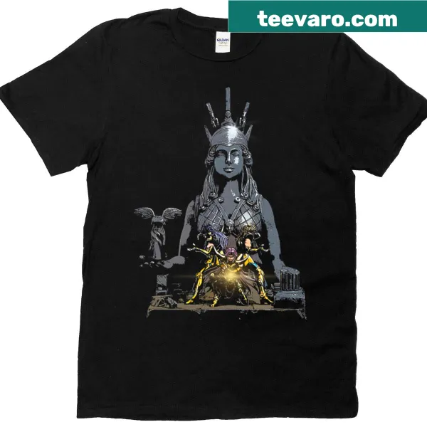 T-shirt featuring an illustration of Athena with bold design