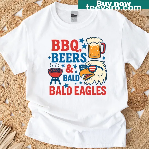 T-shirt with a design featuring bald eagles, BBQ, and beer