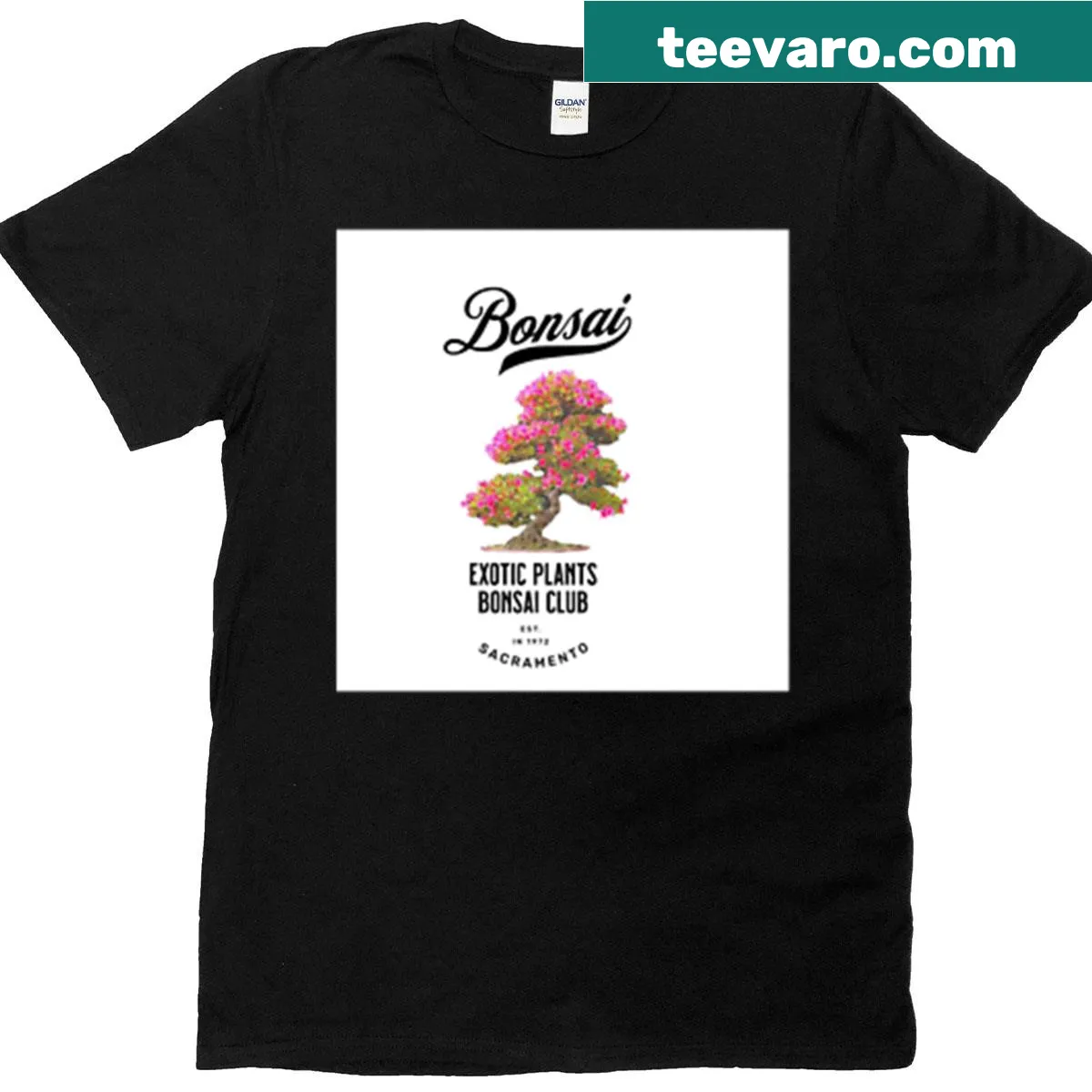 Bonsai Club of Sacramento themed illustration on a T-shirt — on a men's t-shirt