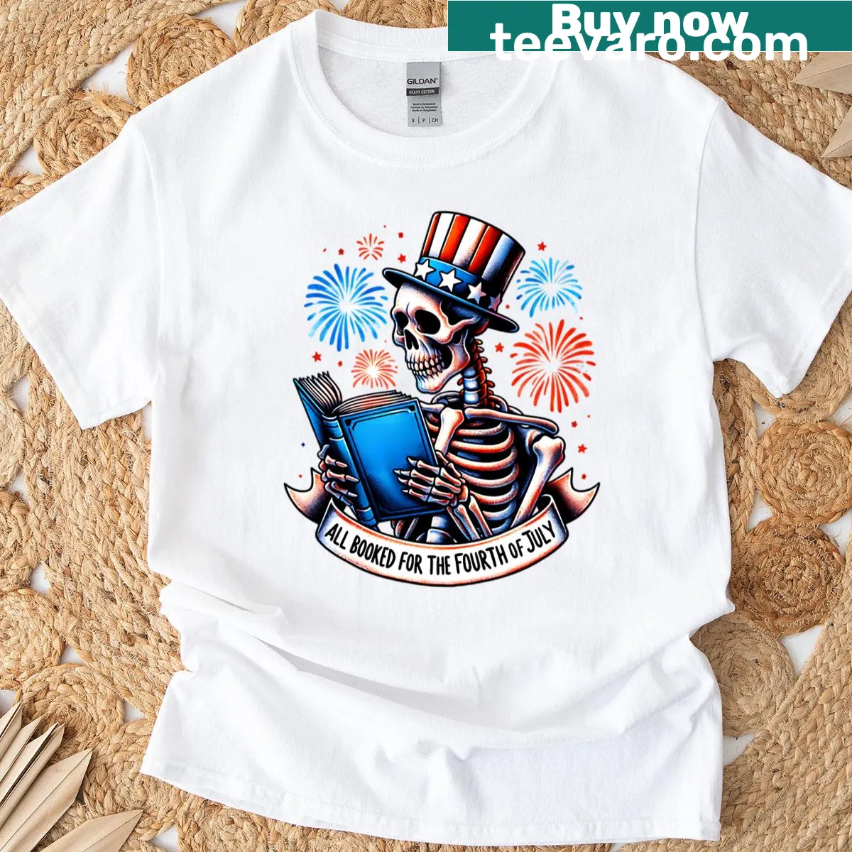Humorous oversized t-shirt with a skeleton reading a book for Fourth of July — on a men's t-shirt
