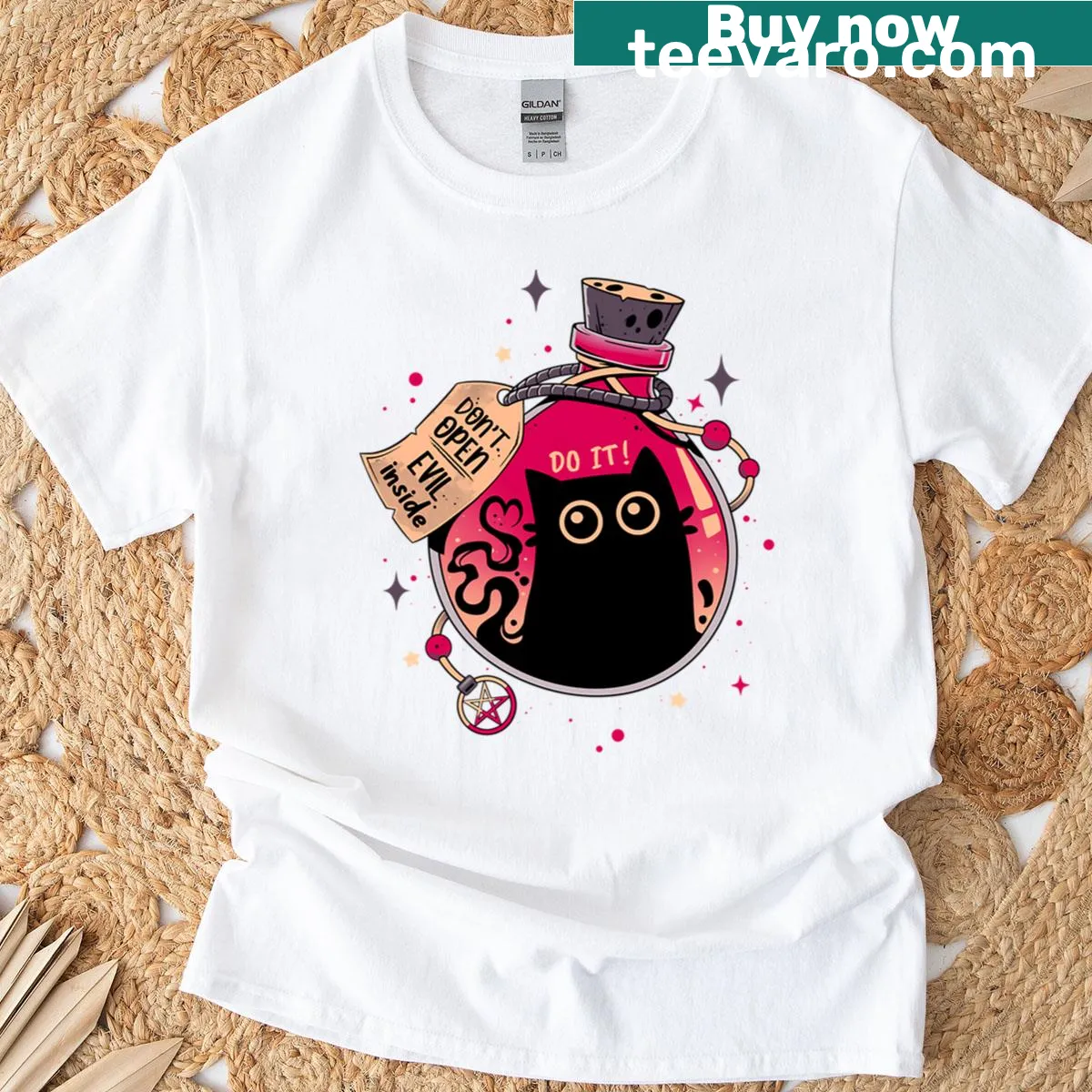 T-shirt with an illustration of a mischievous black cat — on a men's t-shirt