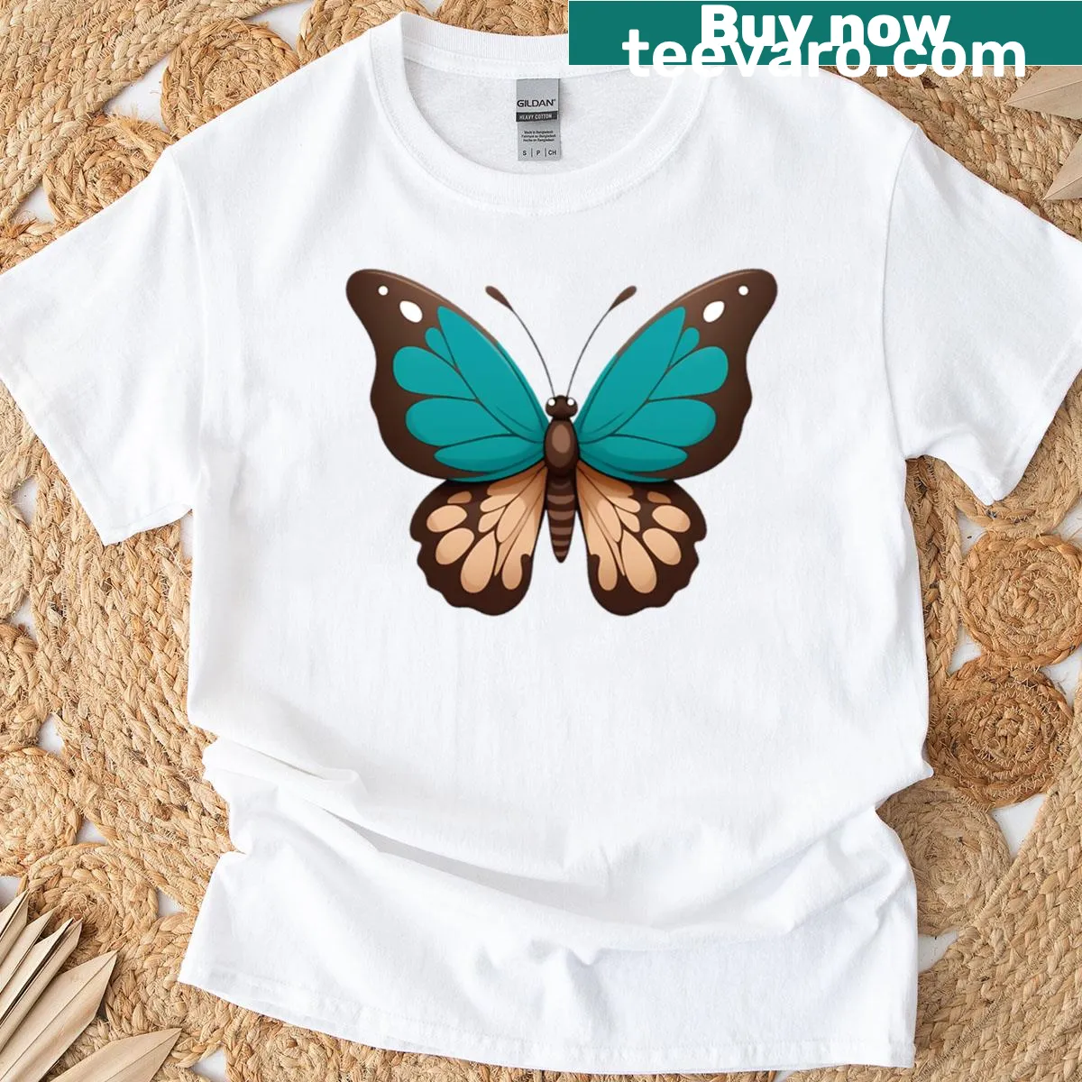 Oversized t-shirt with a design of brown and green butterflies — on a men's t-shirt