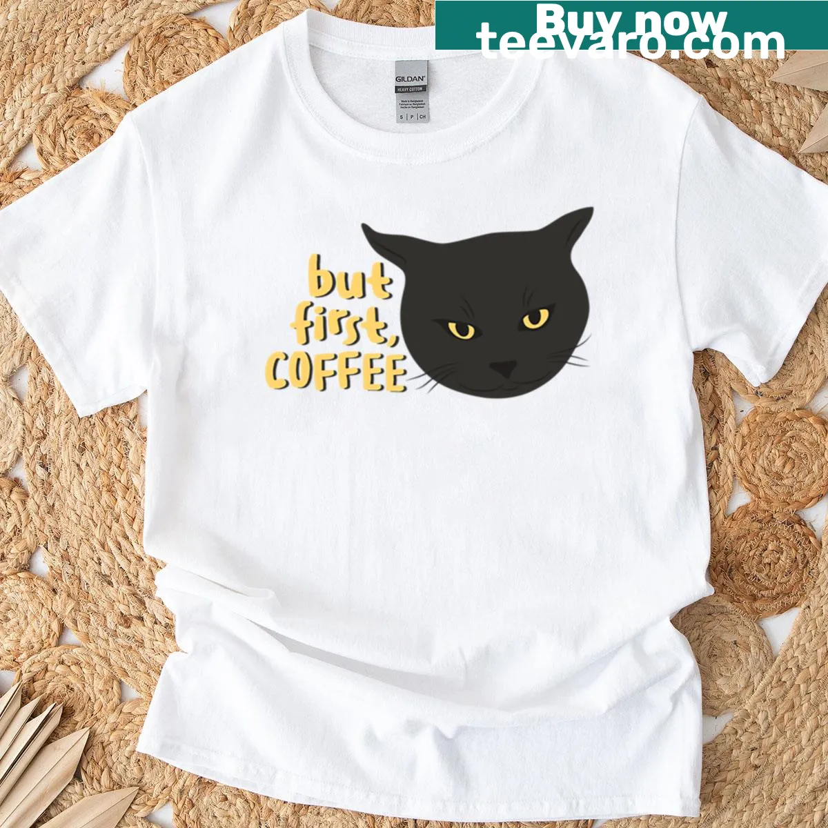 Lighthearted t-shirt showcasing the phrase 'But First Coffee' in fun typography — on a men's t-shirt