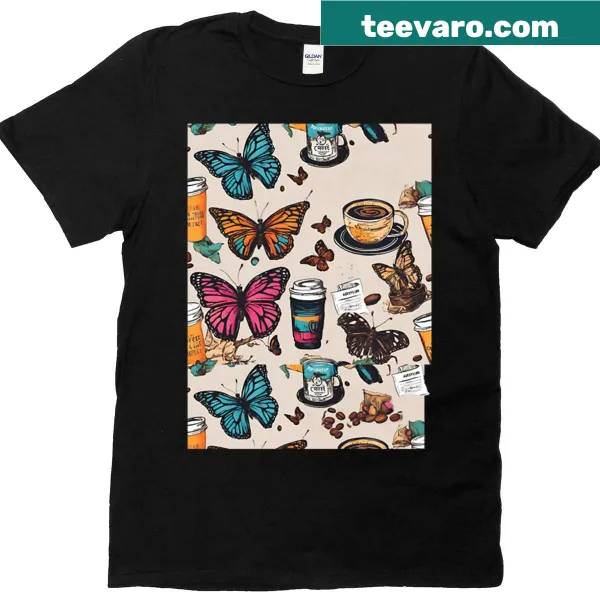 Playful butterfly and coffee beans graphic T-shirt