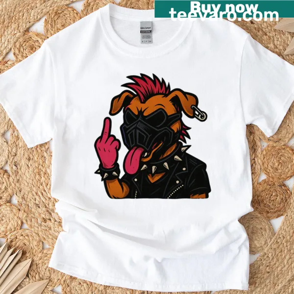 Illustrated graphic of a rockstar dog on a casual t-shirt