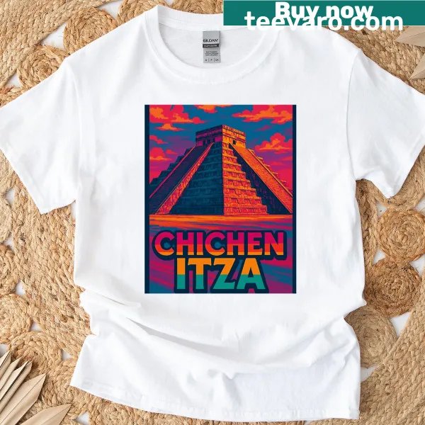Retro pop art illustration of Chichen Itza pyramid on a t-shirt