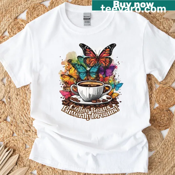 Oversized t-shirt with coffee beans and butterflies illustration