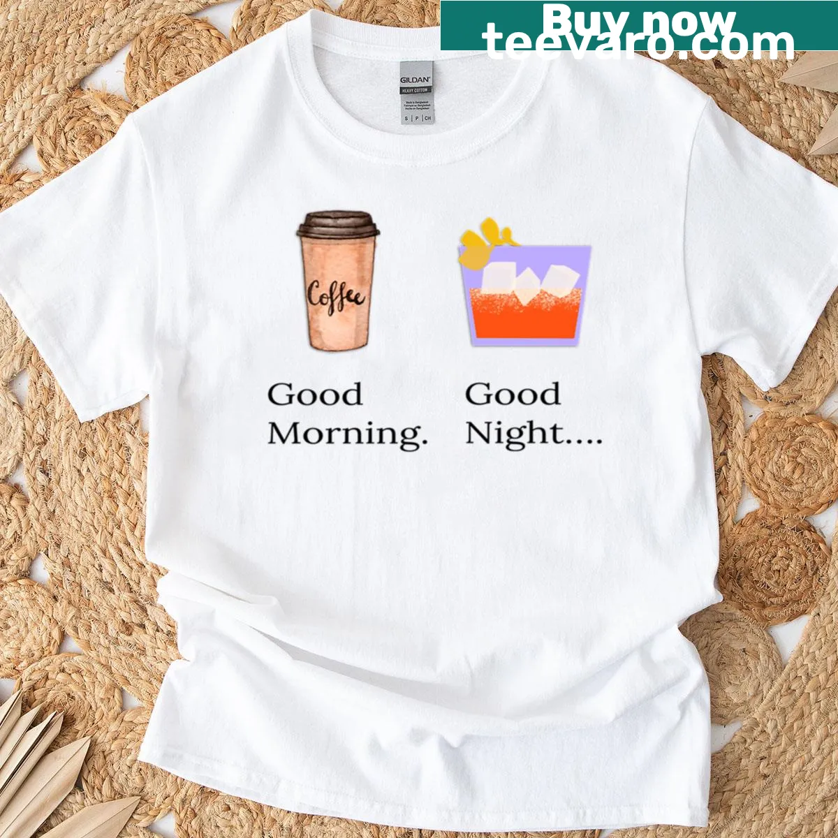T-shirt with the phrase 'Coffee Cocktails Good Morning Good Night' — on a men's t-shirt