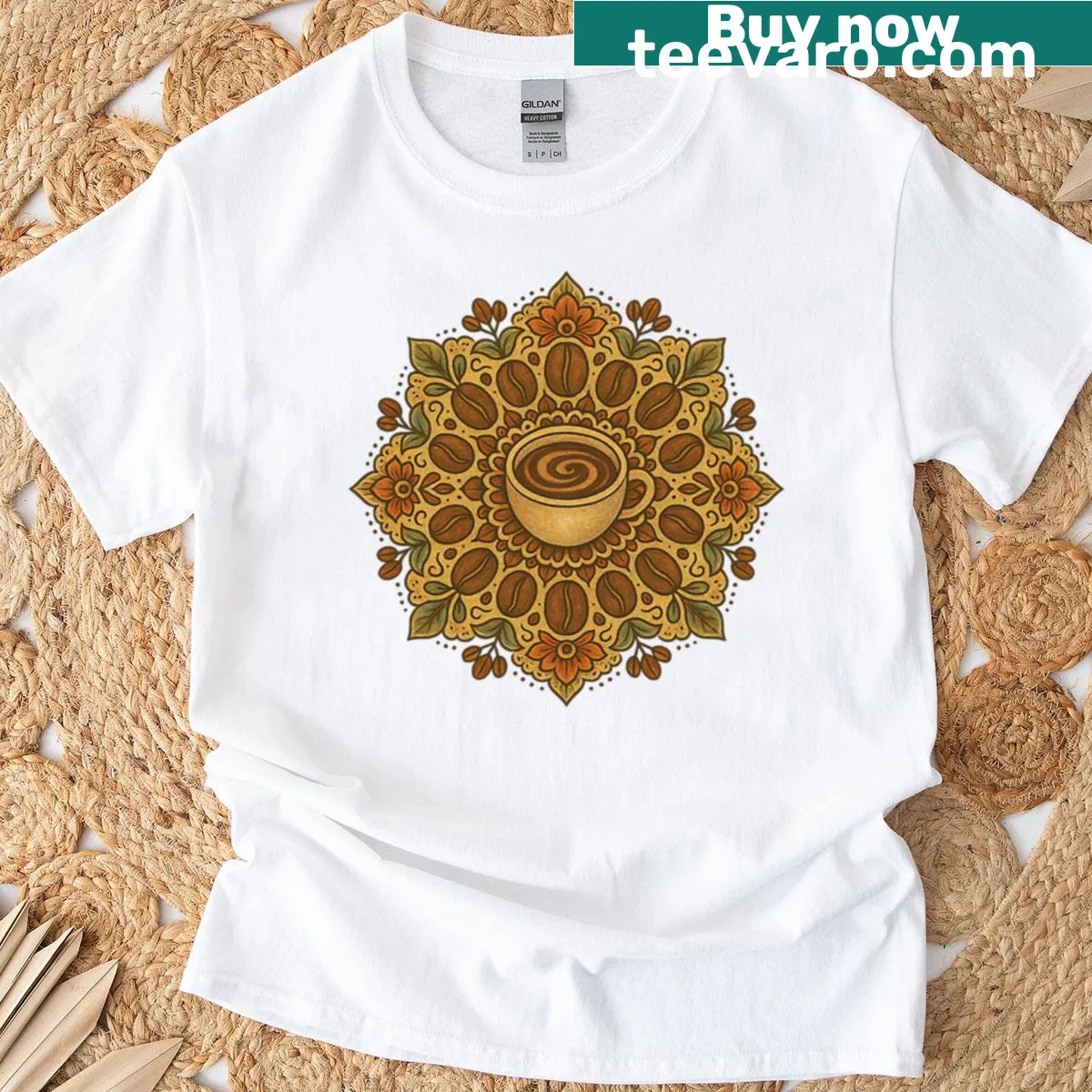 Oversized t-shirt with an intricate coffee-themed mandala design — on a men's t-shirt