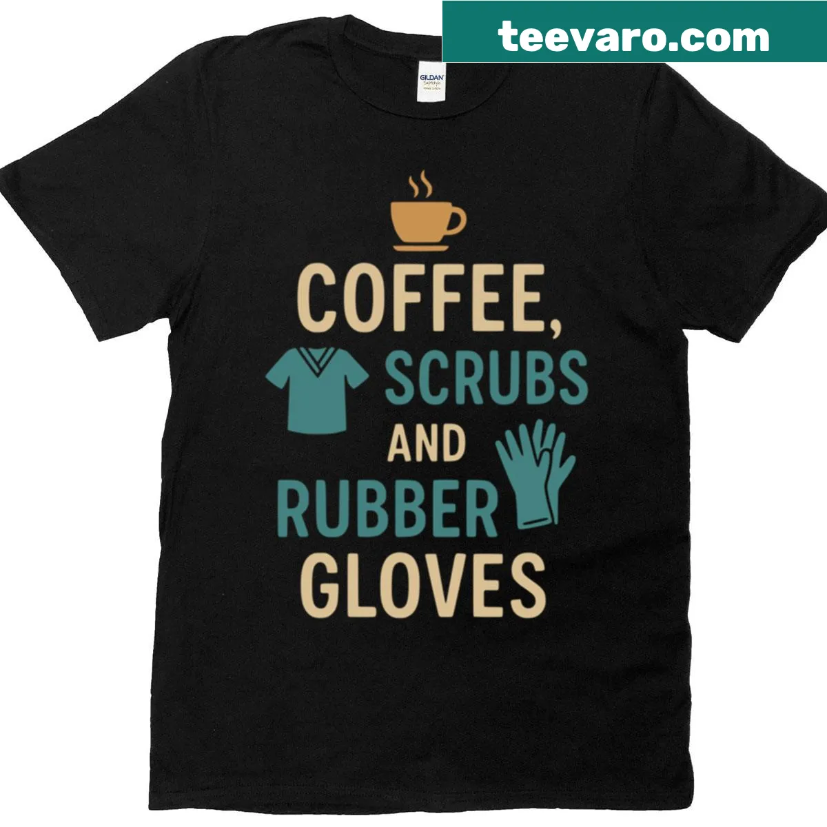 Funny oversized T-shirt with the phrase 'Coffee, Scrubs, and Rubber Gloves' — on a men's t-shirt