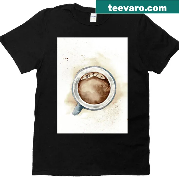 Watercolor-style T-shirt featuring a creative coffee graphic