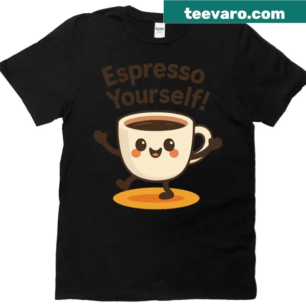 Cartoon graphic of a cheerful coffee cup on a T-shirt.