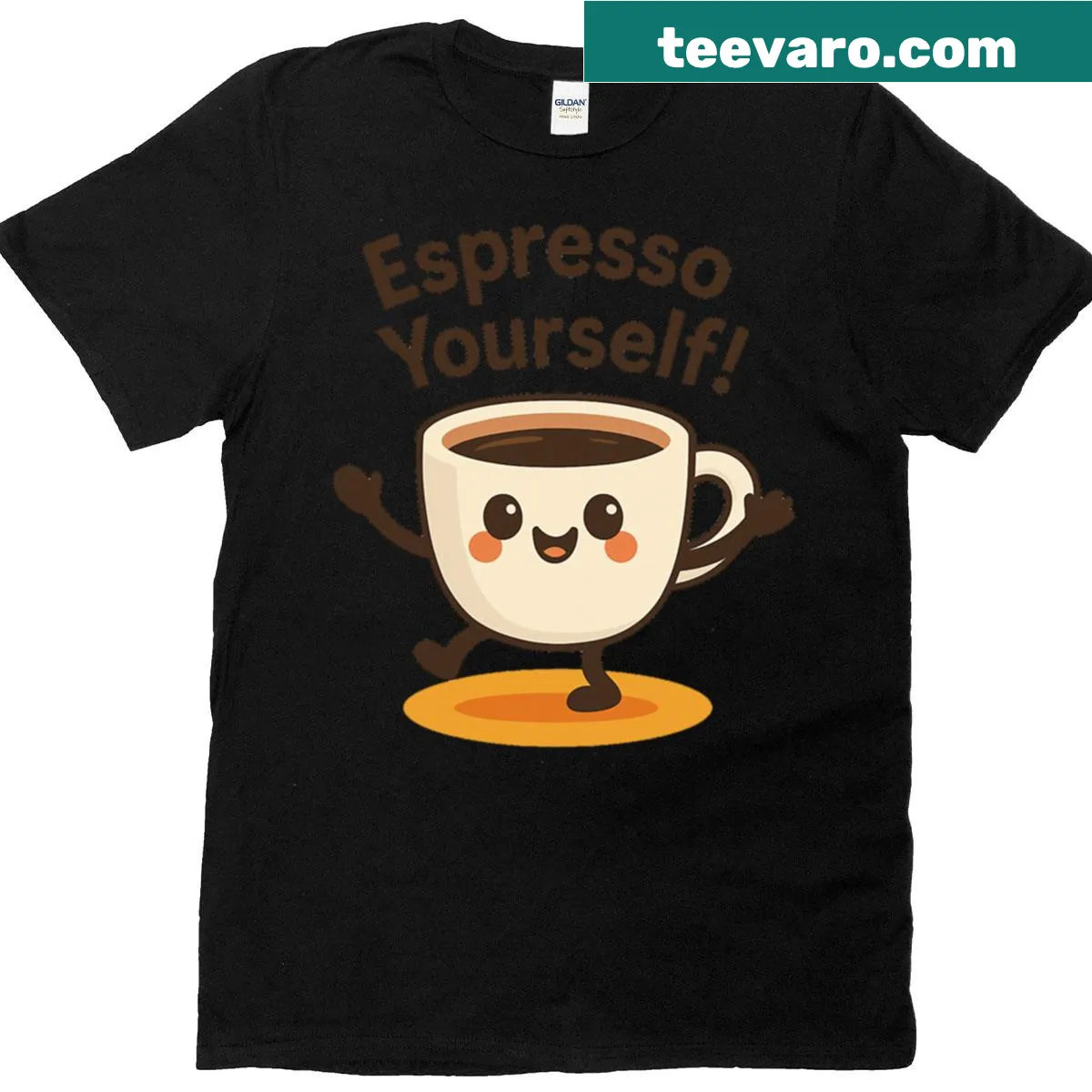 Cartoon graphic of a cheerful coffee cup on a T-shirt. — on a men's t-shirt