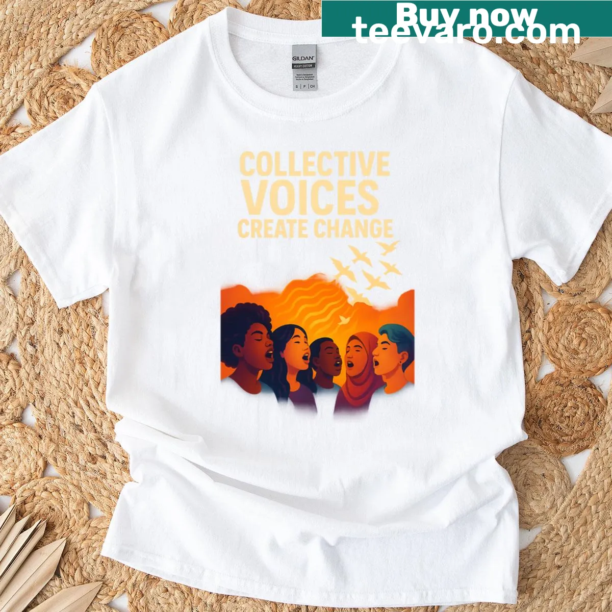Inspirational typography on Collective Voices Create Change t-shirt — on a men's t-shirt