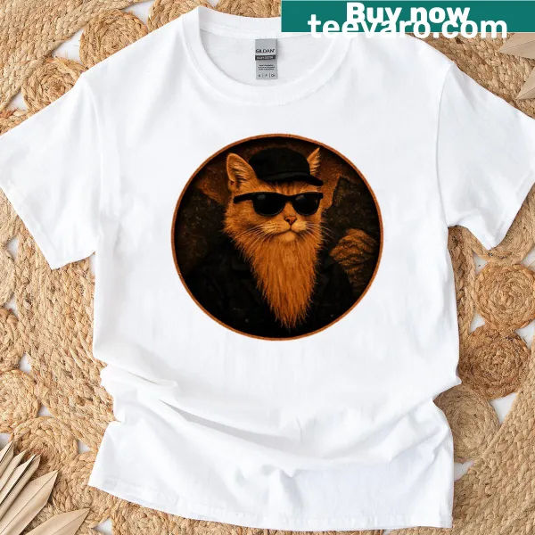 T-shirt featuring a playful cartoon of a cool cat